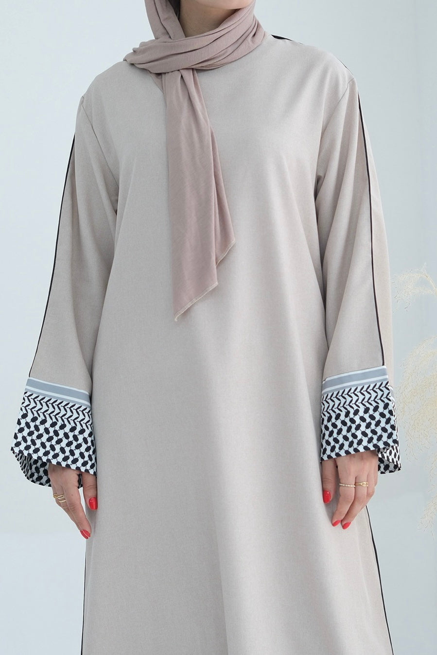 Yasmin Keffiyeh Inspired Peace Dove Pattern Embroidery Maxi Dress Abaya 764 - Beige