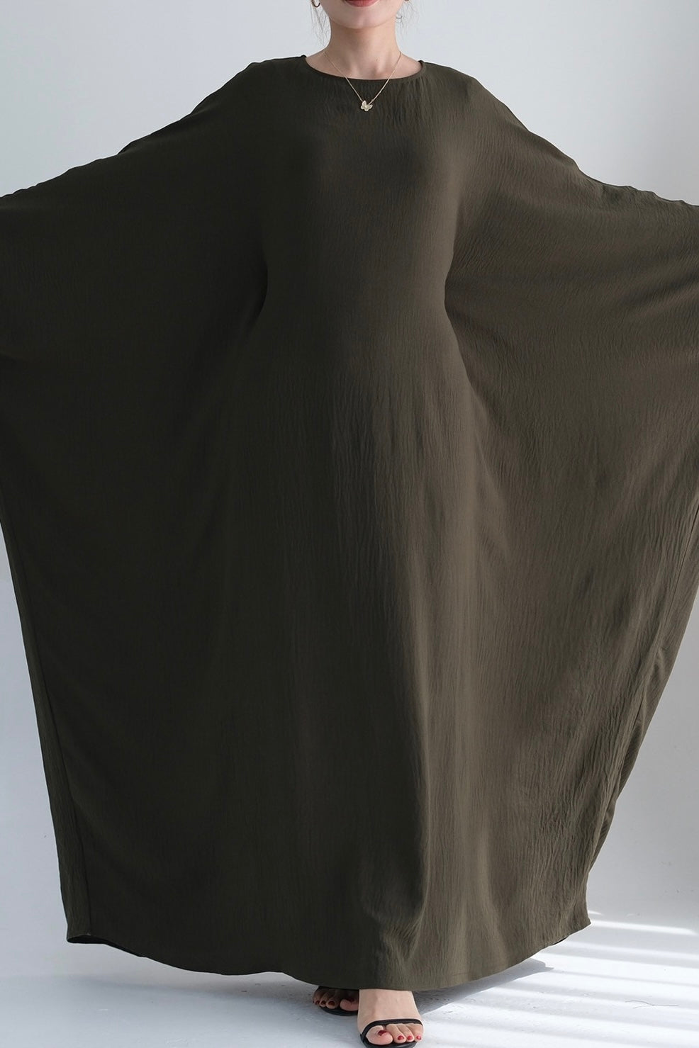 Badia Waist-Cinching Batwing Butterfly Sleeve Maxi Dress Kaftan Abaya 695 - Army Green - Meliza