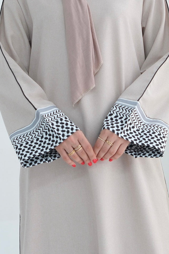 Yasmin Keffiyeh Inspired Peace Dove Pattern Embroidery Maxi Dress Abaya 764 - Beige