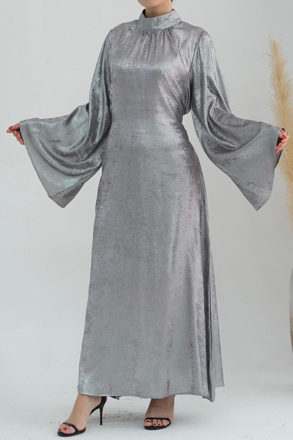 Rola Shiny High Collar Maxi Dress Abaya 777 - Light gray