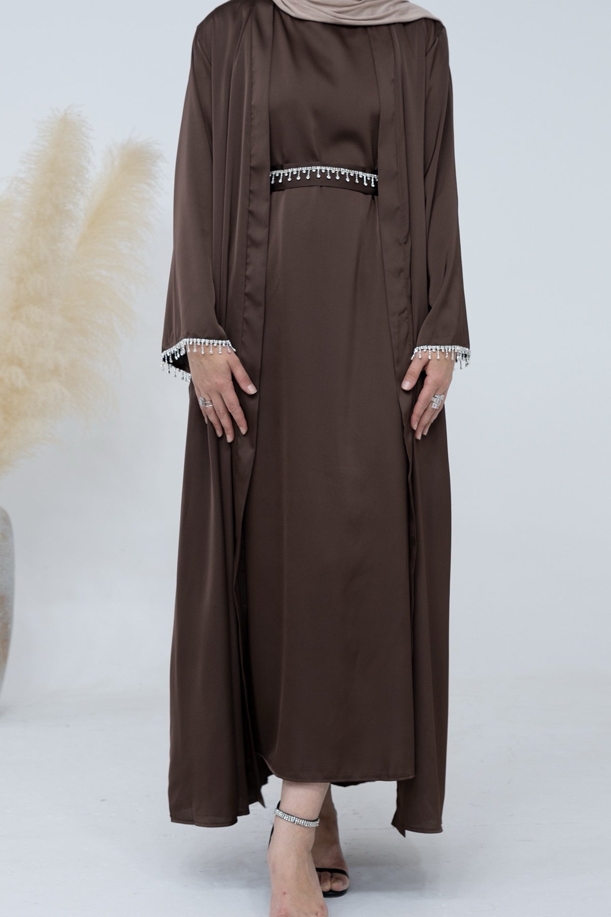 Luna 2PCS Crystal Beads Sleeves Satin Abaya Set with Crystal Chain - Coffee - Meliza