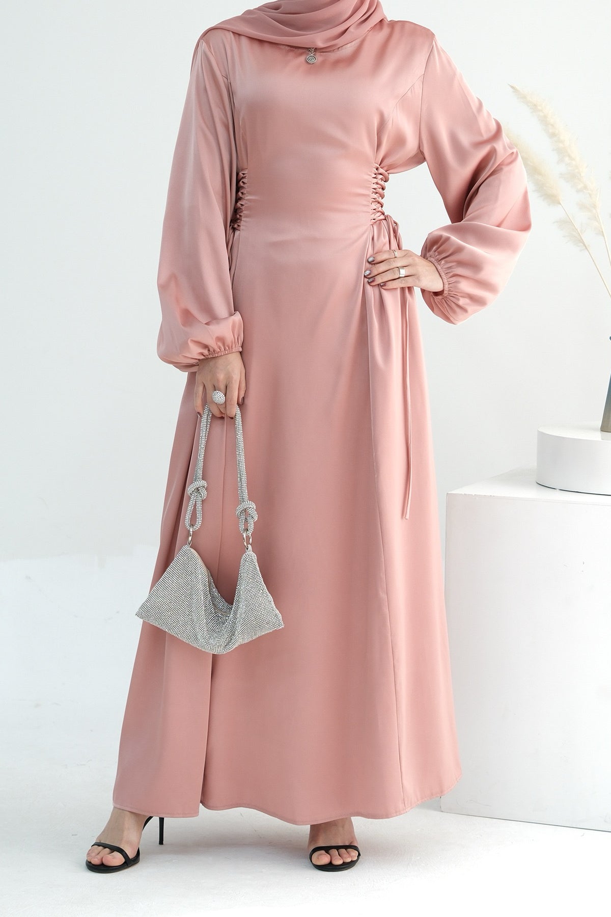 Nasir Satin Bubble Sleeve Abaya with Cinched Waist 702 - Pink - Meliza
