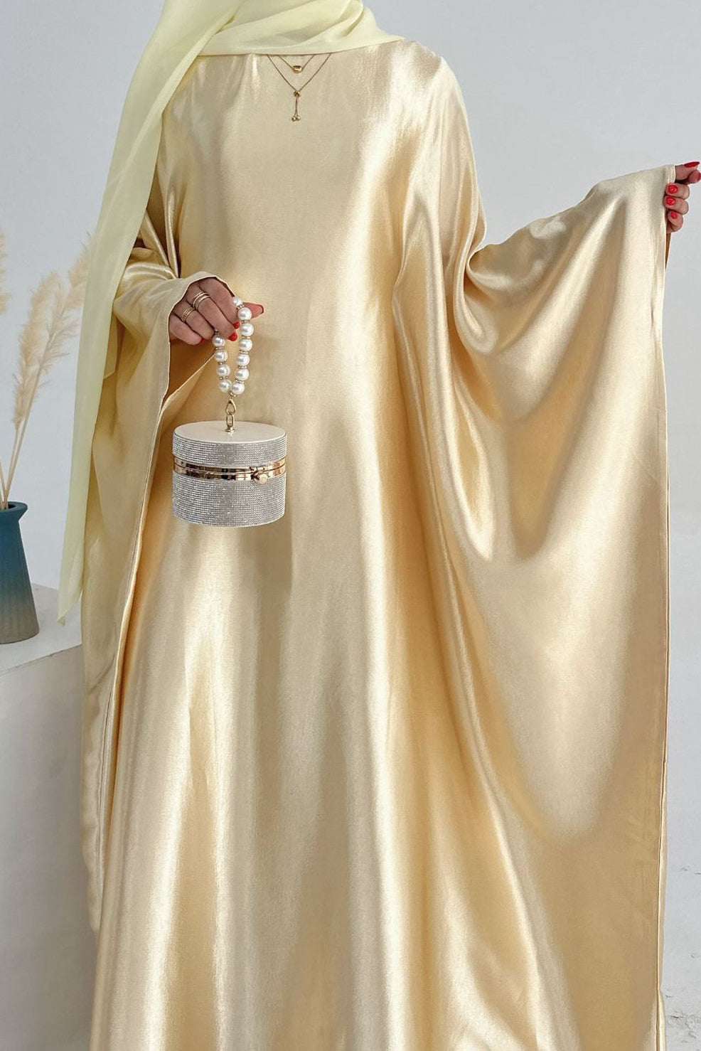 Jahari Shiny Batwing Butterfly Sleeve Maxi Dress Abaya 774 - Lemon yellow