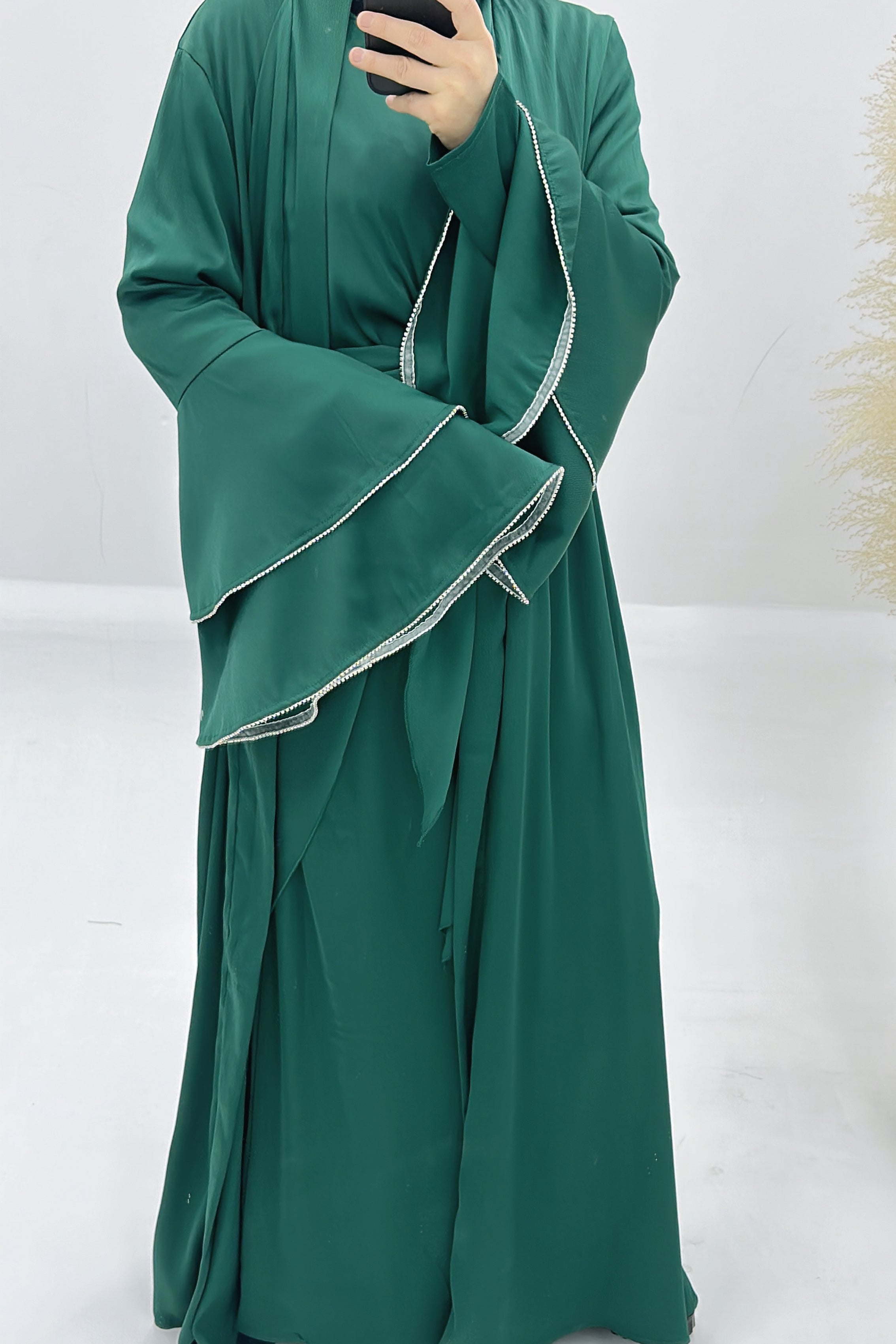 Rama Polyester Flare Sleeve Abaya Set 760 - Dark Green - Meliza