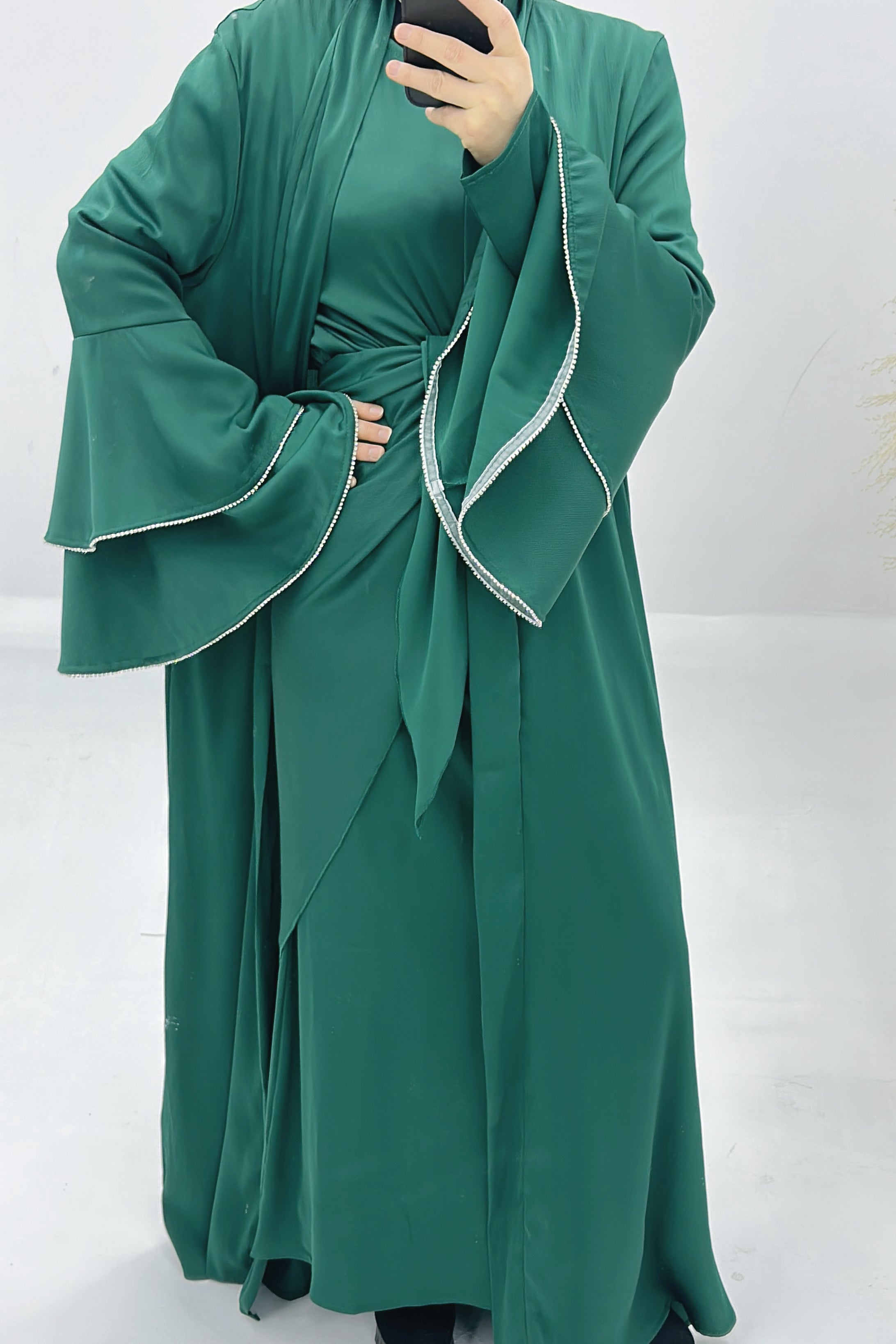 Rama Polyester Flare Sleeve Abaya Set 760 - Dark Green - Meliza