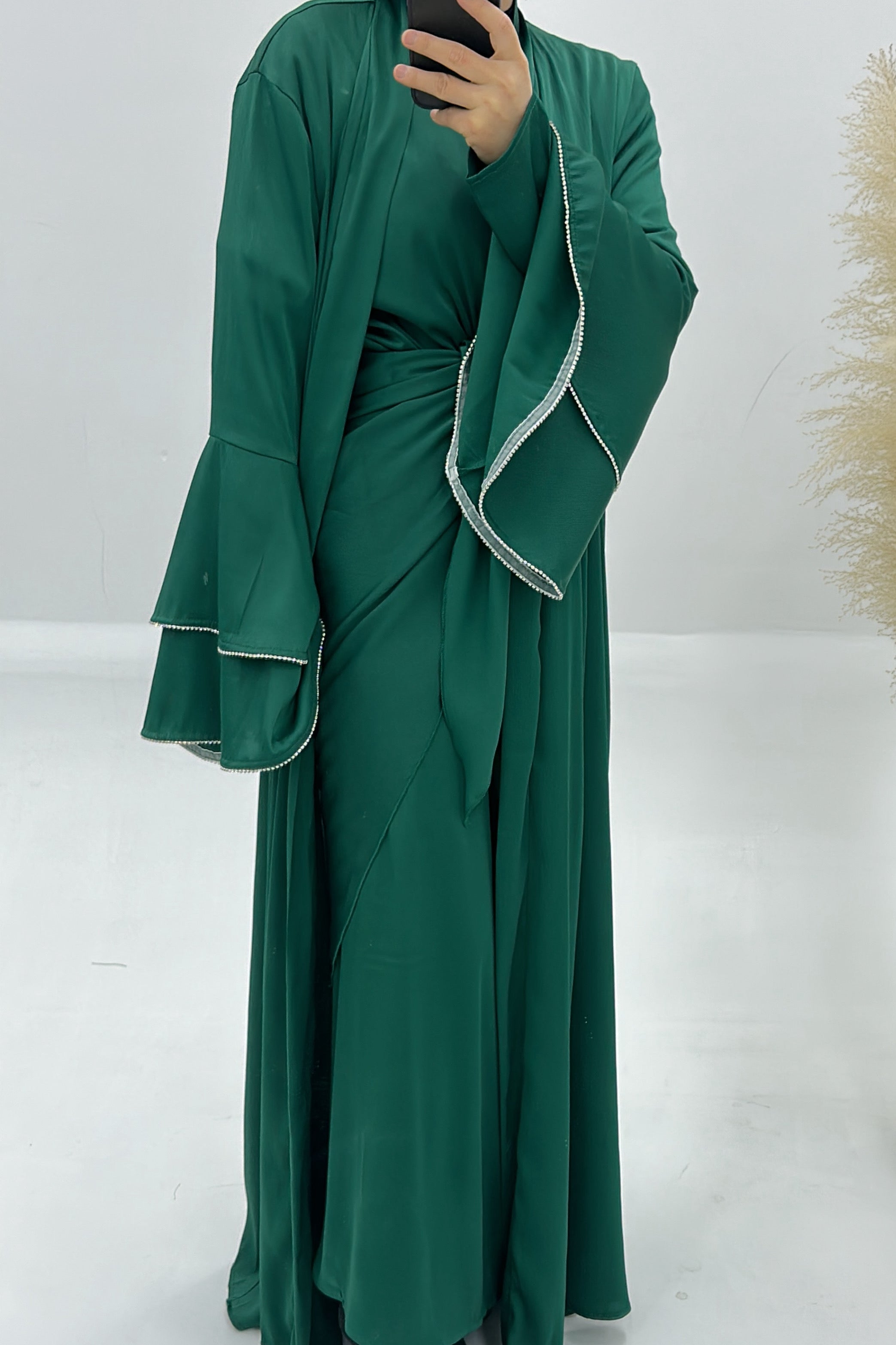 Rama Polyester Flare Sleeve Abaya Set 760 - Dark Green - Meliza