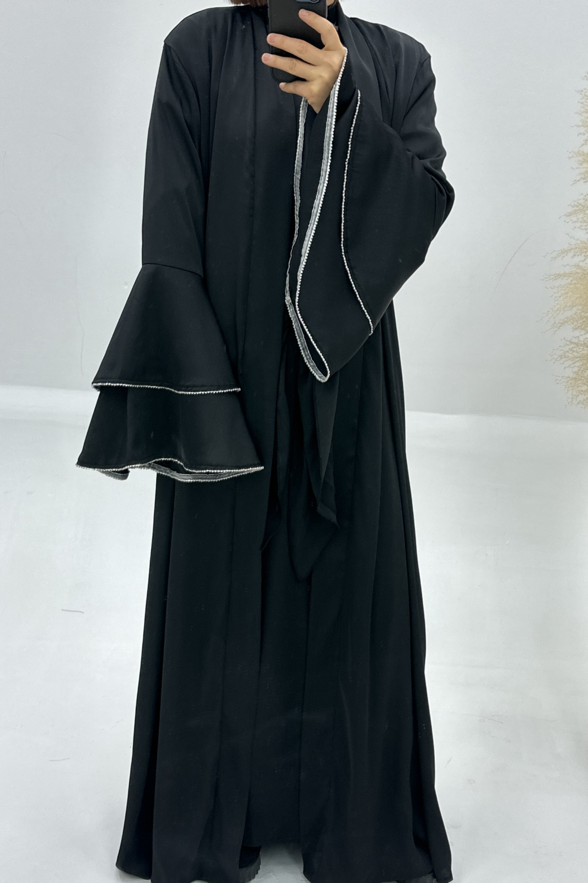Rama Polyester Flare Sleeve Abaya Set 760 - Black - Meliza