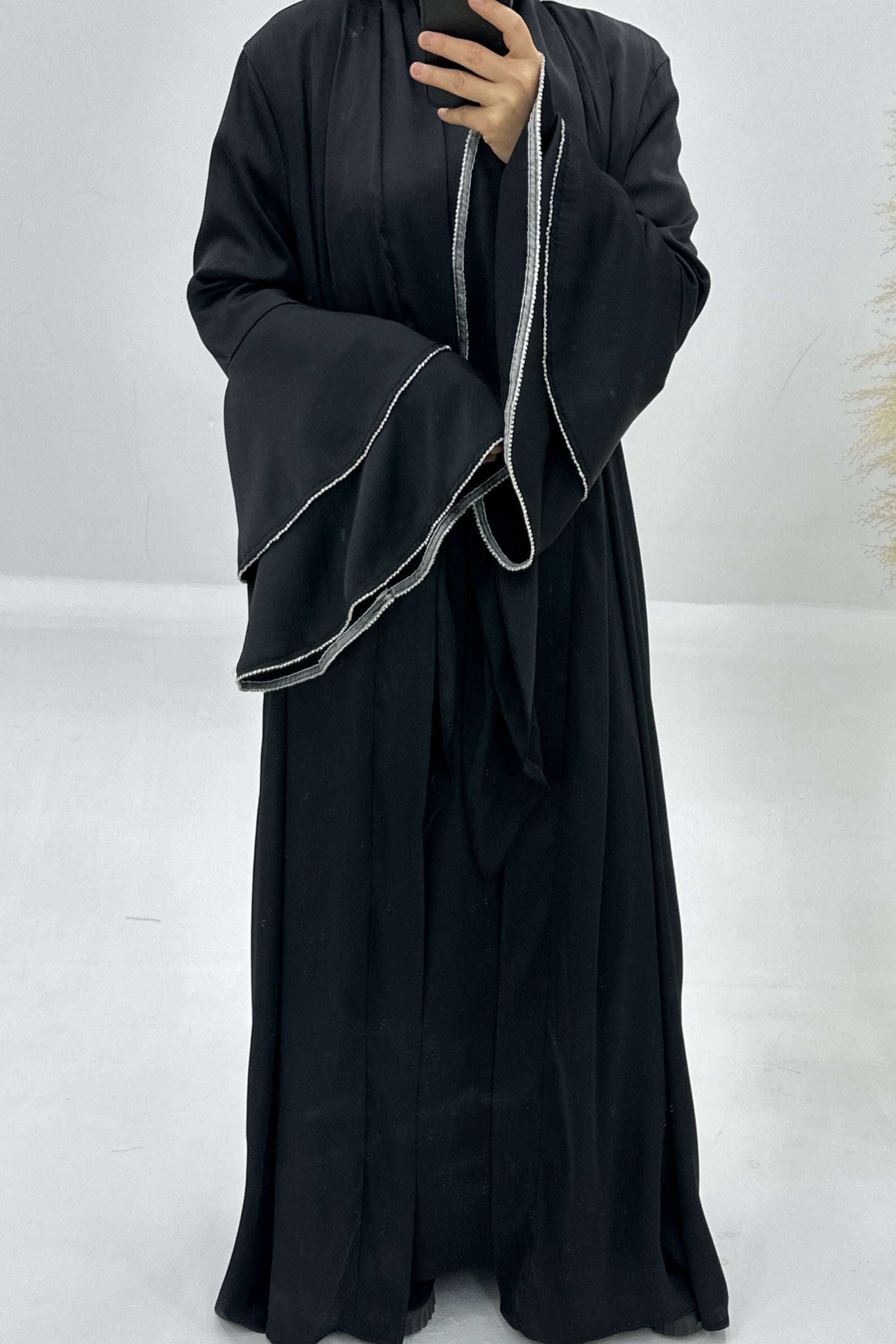 Rama Polyester Flare Sleeve Abaya Set 760 - Black - Meliza