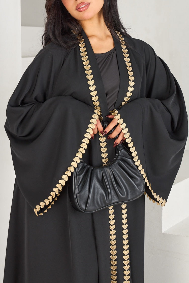 Afiya Nida Open Abaya with Gold Leaf Trimmed Cuffs 1015 - Black