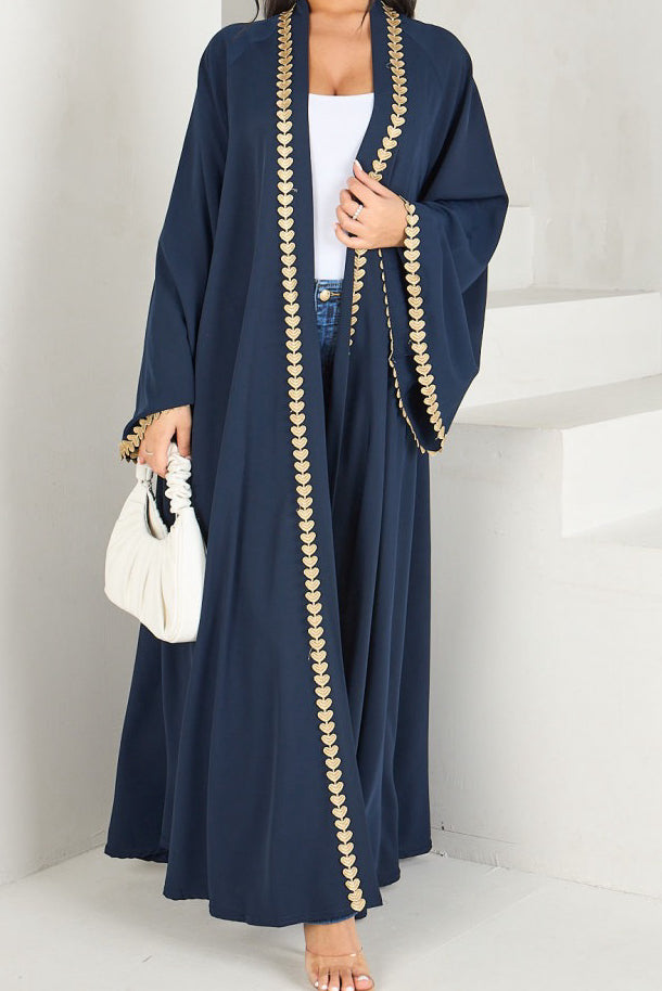 Afiya Nida Open Abaya with Gold Leaf Trimmed Cuffs 1015 - Navy
