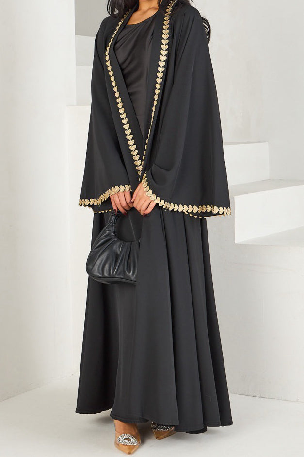 Afiya Nida Open Abaya with Gold Leaf Trimmed Cuffs 1015 - Black