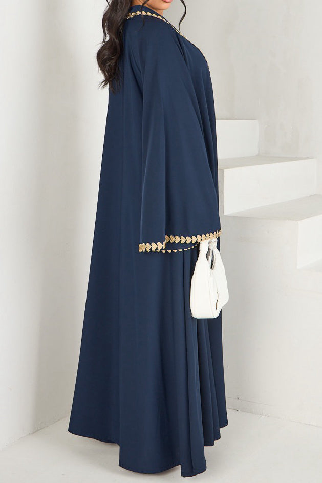 Afiya Nida Open Abaya with Gold Leaf Trimmed Cuffs 1015 - Navy