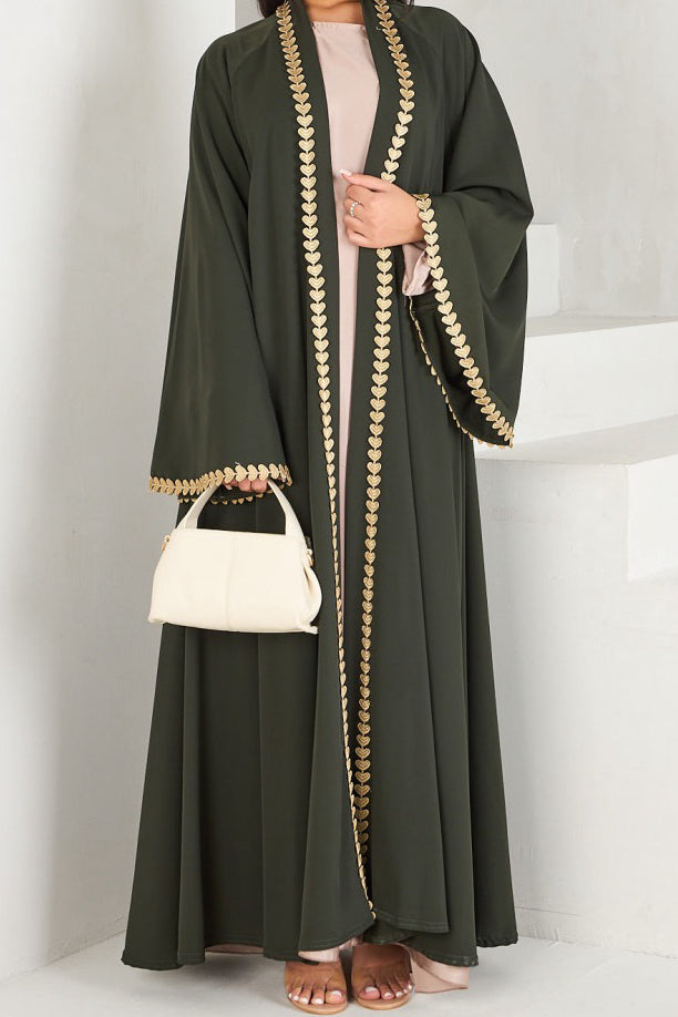Afiya Nida Open Abaya with Gold Leaf Trimmed Cuffs 1015 - Army Green