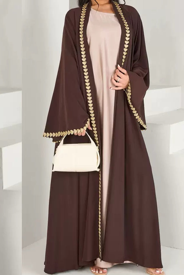 Afiya Nida Open Abaya with Gold Leaf Trimmed Cuffs 1015 - Coffee