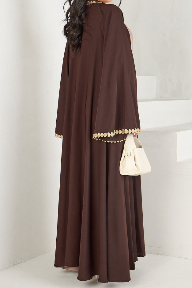 Afiya Nida Open Abaya with Gold Leaf Trimmed Cuffs 1015 - Coffee