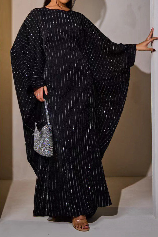 Eshal Rhinestone Embellished Satin Modest Kaftan 998 - Black