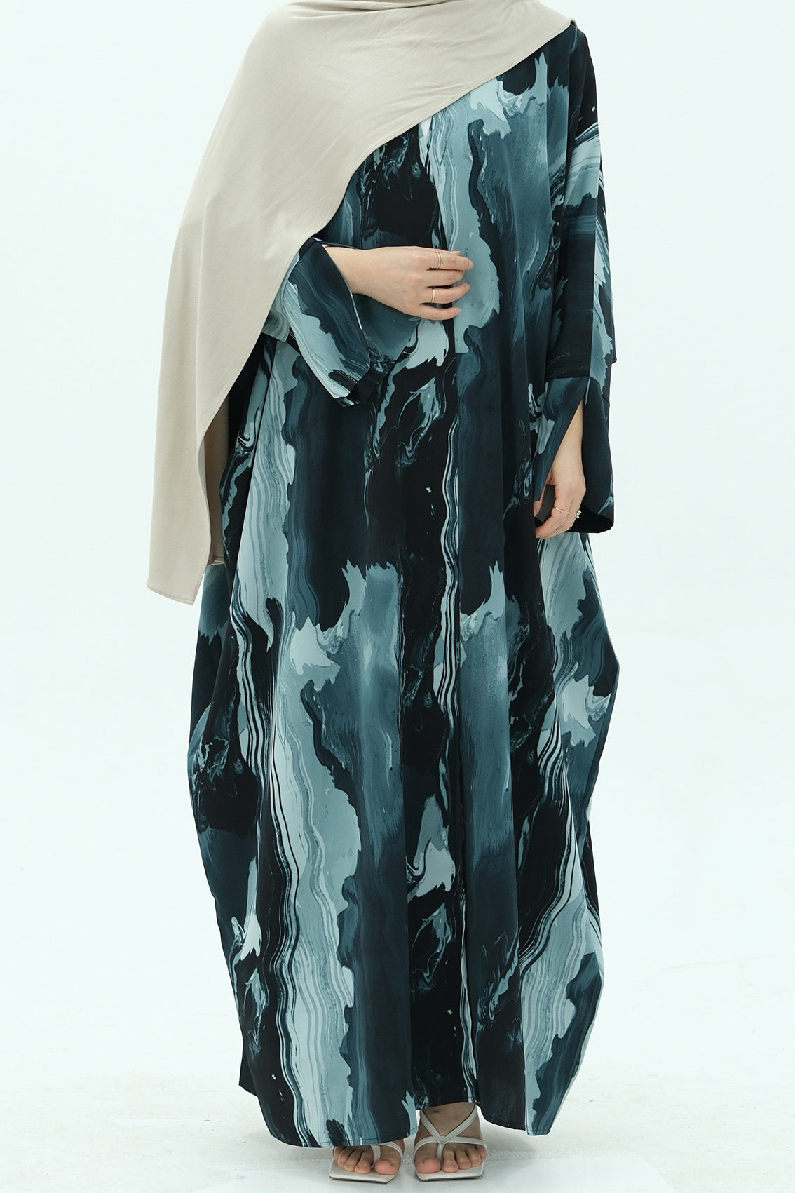 Aziza Chiffon Printed Open Abaya 982 - Blue