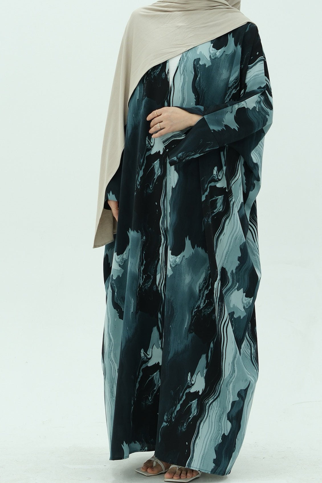 Aziza Chiffon Printed Open Abaya 982 - Blue