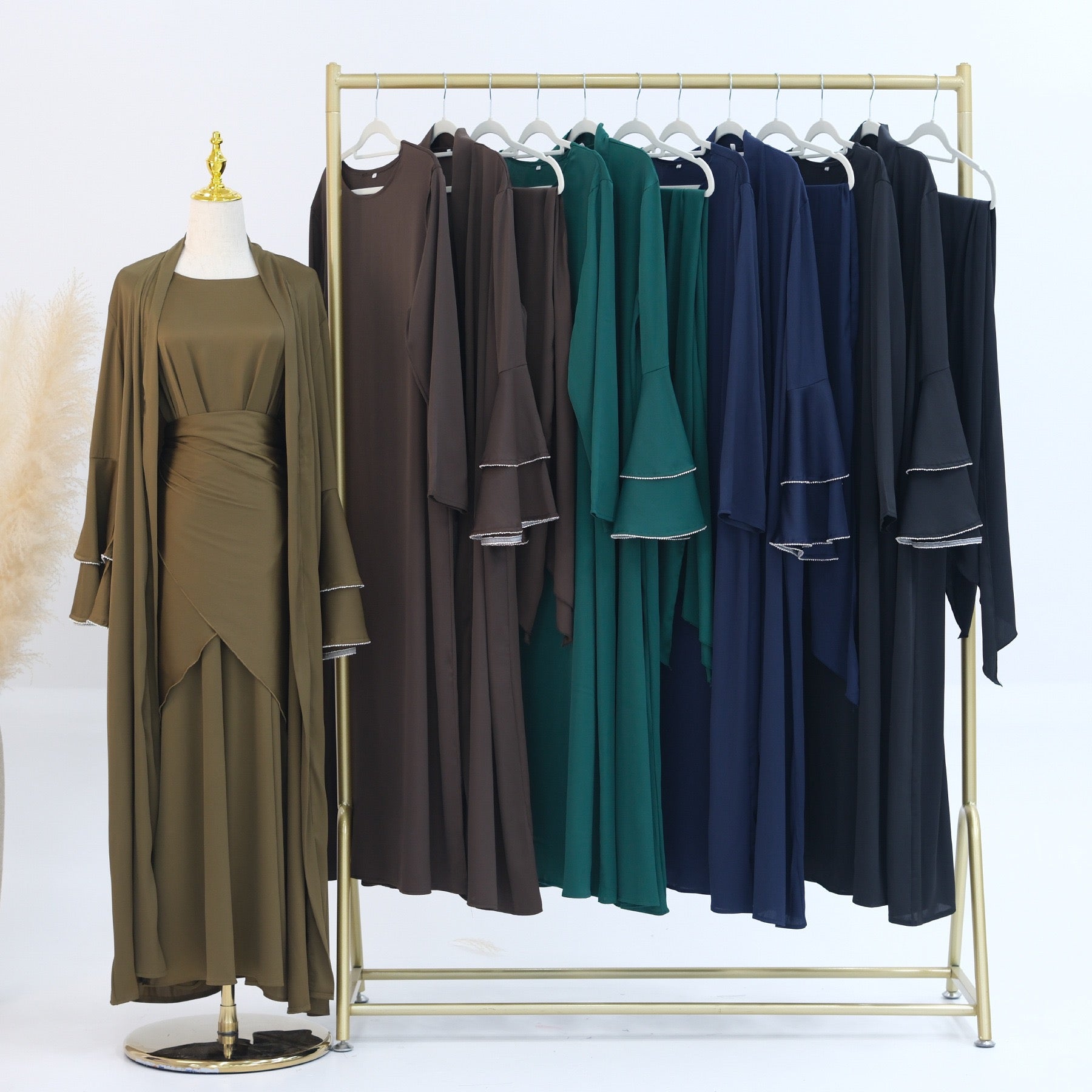Rama Polyester Flare Sleeve Abaya Set 760 - Khaki - Meliza