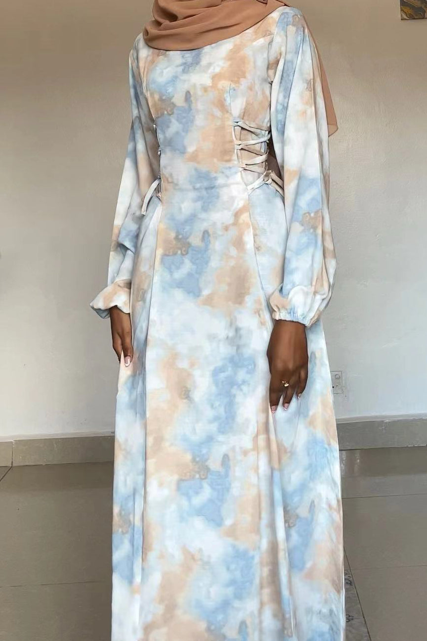 Tie-Dye Waist-Tie Maxi Dress Abaya 853
