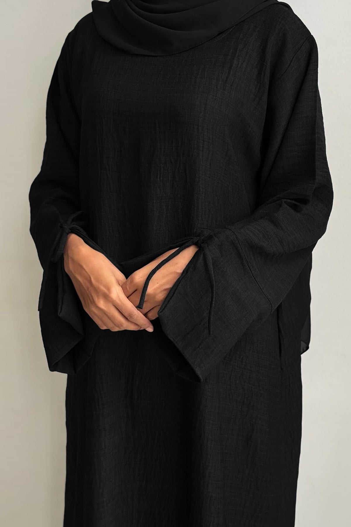 Amina Tie-Cuff Oversized Casual Abaya 946 - Black