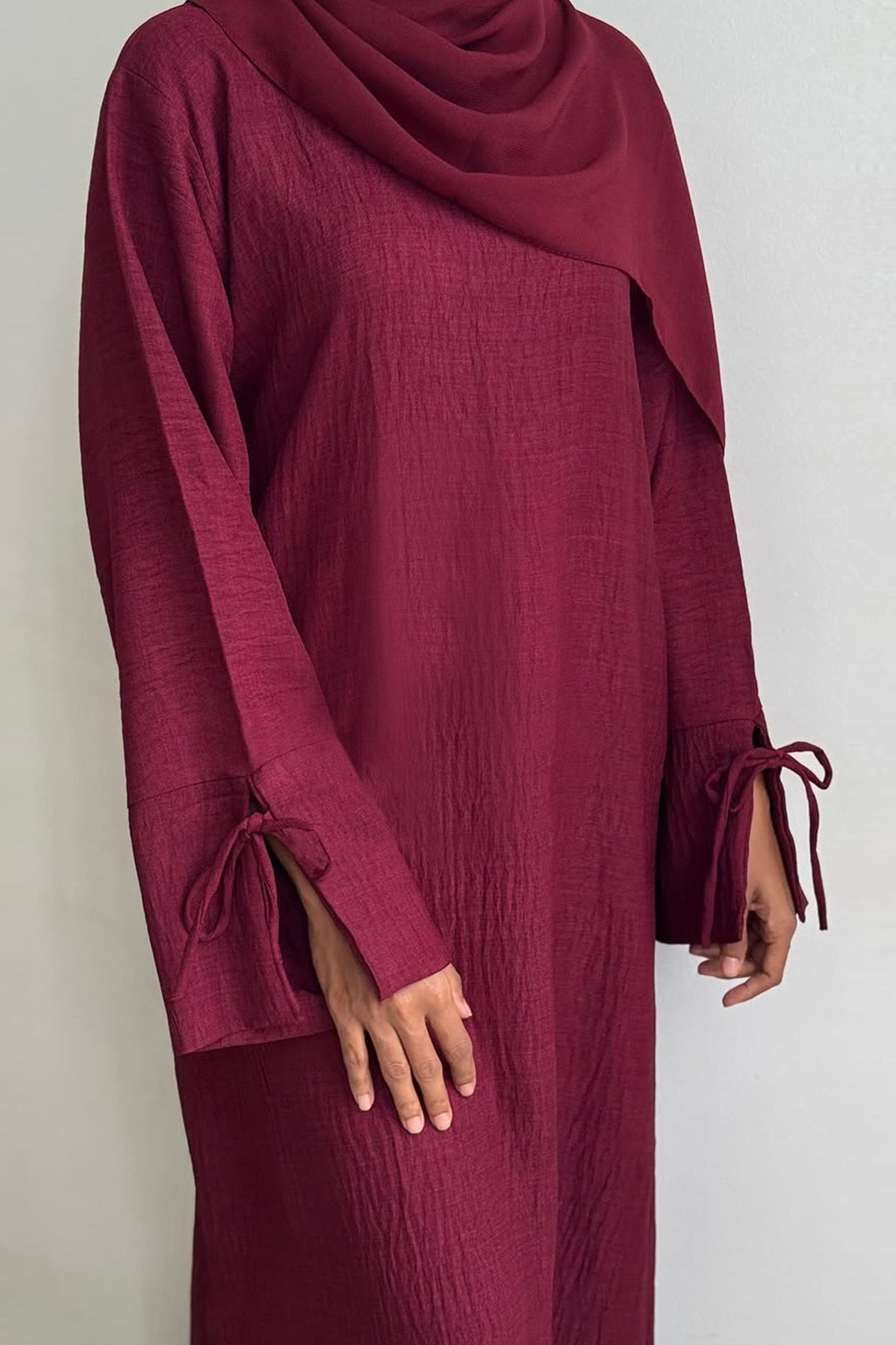 Amina Tie-Cuff Oversized Casual Abaya 946 - Wine Red
