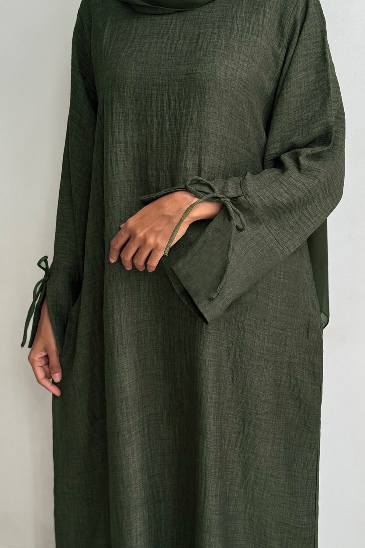 Amina Tie-Cuff Oversized Casual Abaya 946 - Army Green