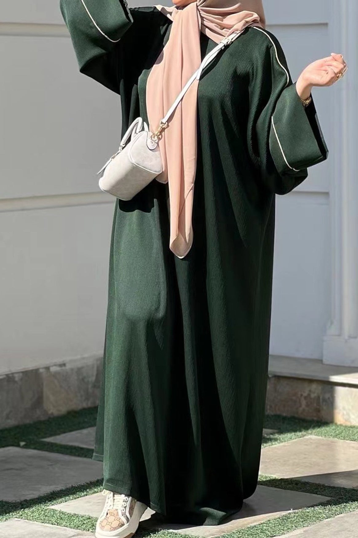 Inaya Trimmed Maxi Dress Abaya 937- Dark Green