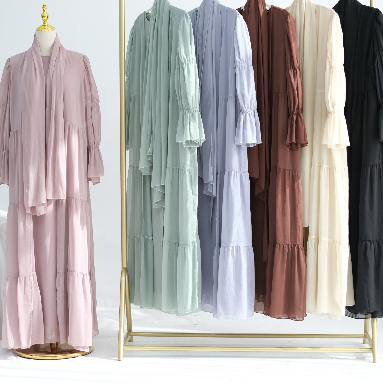 Jumana Chiffon Elastic Cuff Open Abaya Set 866+867 - Light Grey