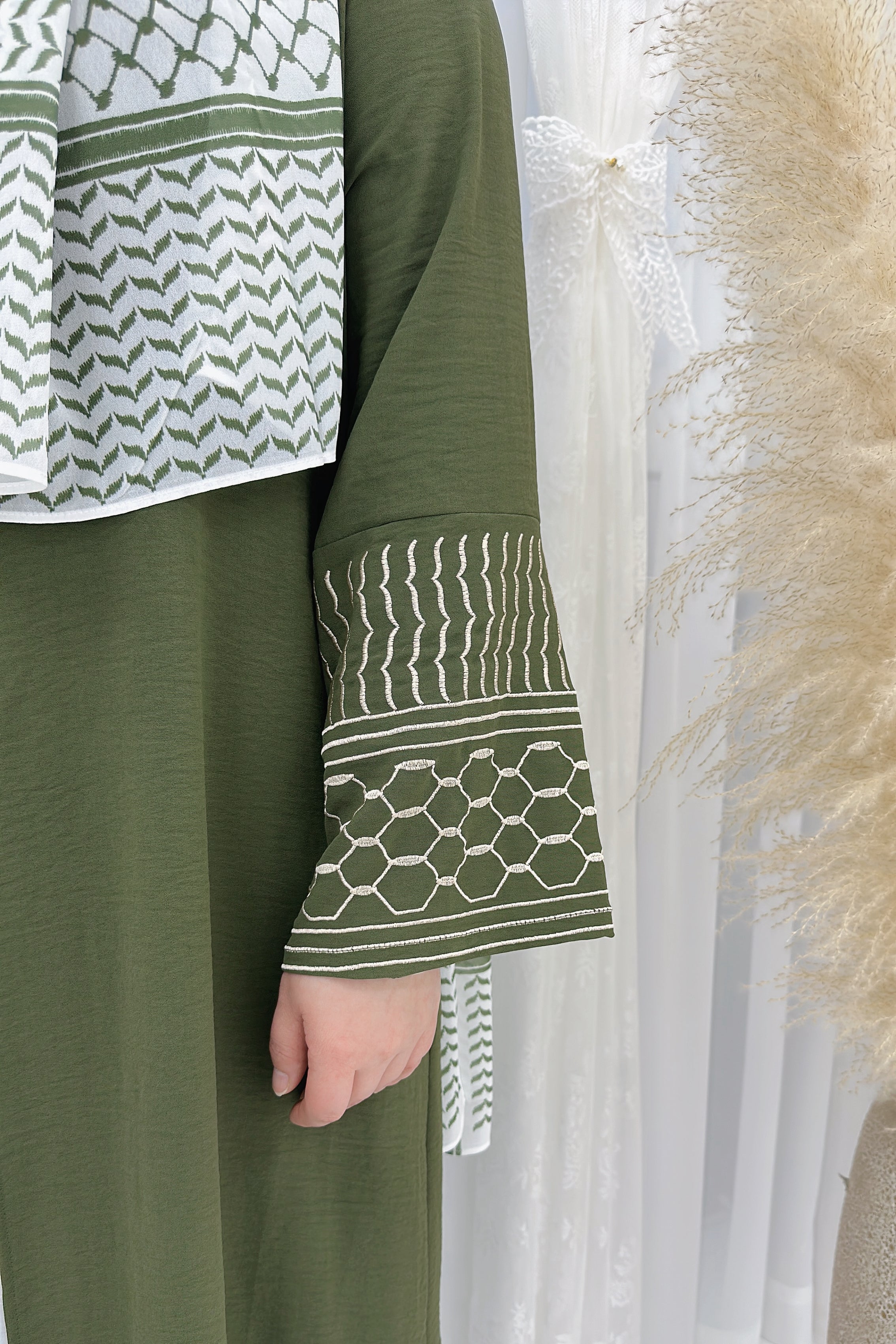 Danya Keffiyeh Inspired Peace Dove Pattern Embroidery Modest Open Abaya 767 - Army Green - Meliza