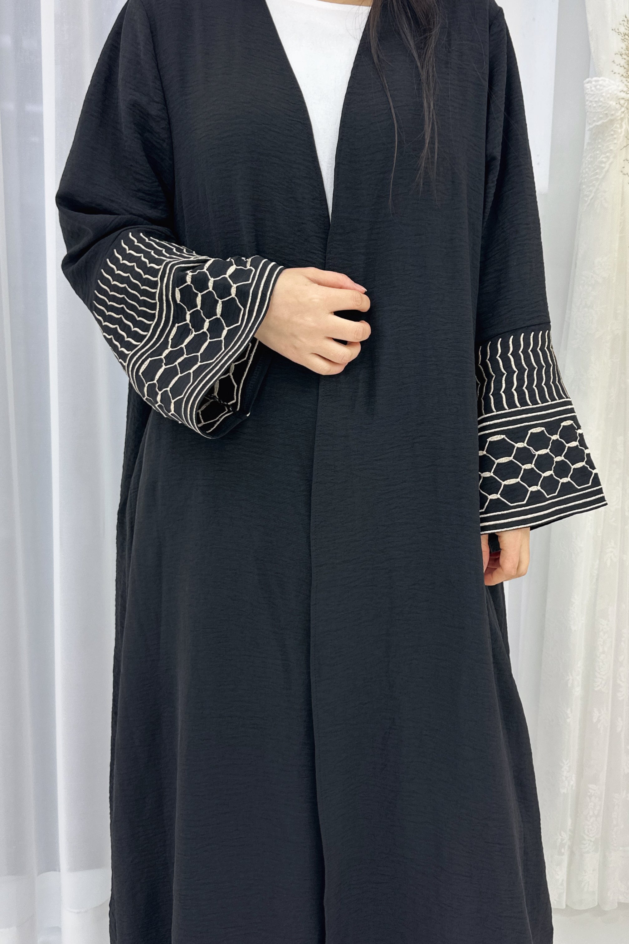 Danya Keffiyeh Inspired Peace Dove Pattern Embroidery Modest Open Abaya 767 - Black - Meliza
