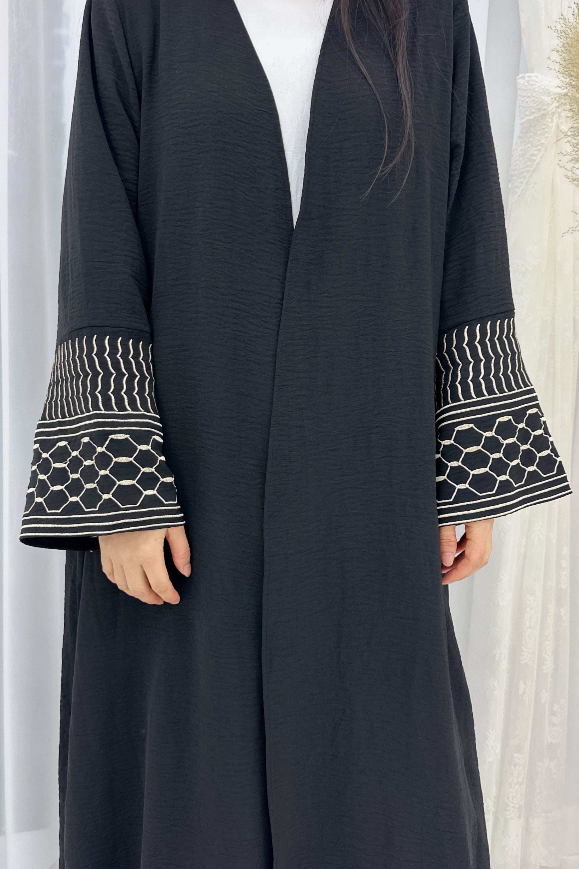 Danya Keffiyeh Inspired Peace Dove Pattern Embroidery Modest Open Abaya 767 - Black - Meliza