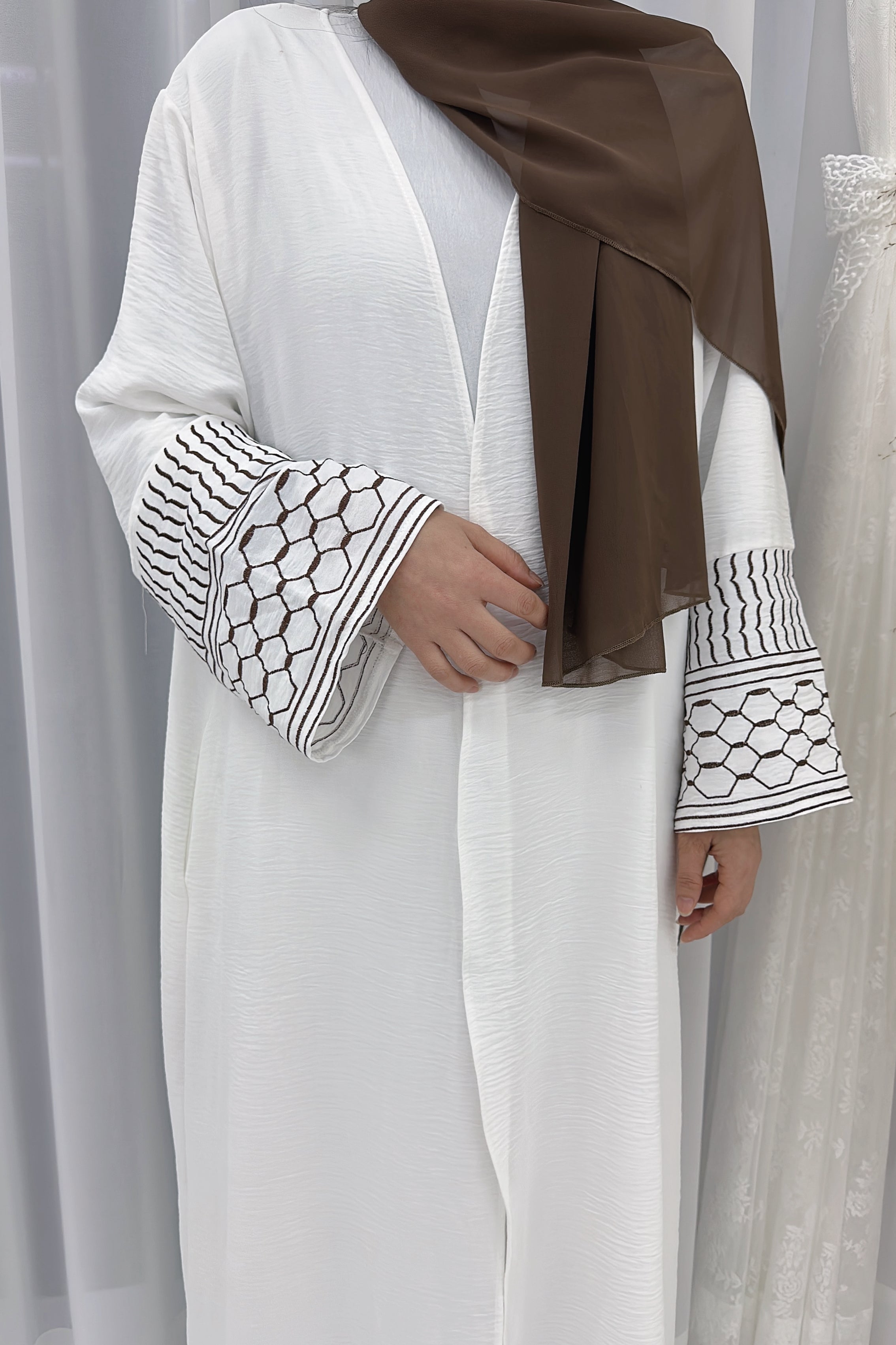 Danya Keffiyeh Inspired Peace Dove Pattern Embroidery Modest Open Abaya 768 - Coffee - Meliza