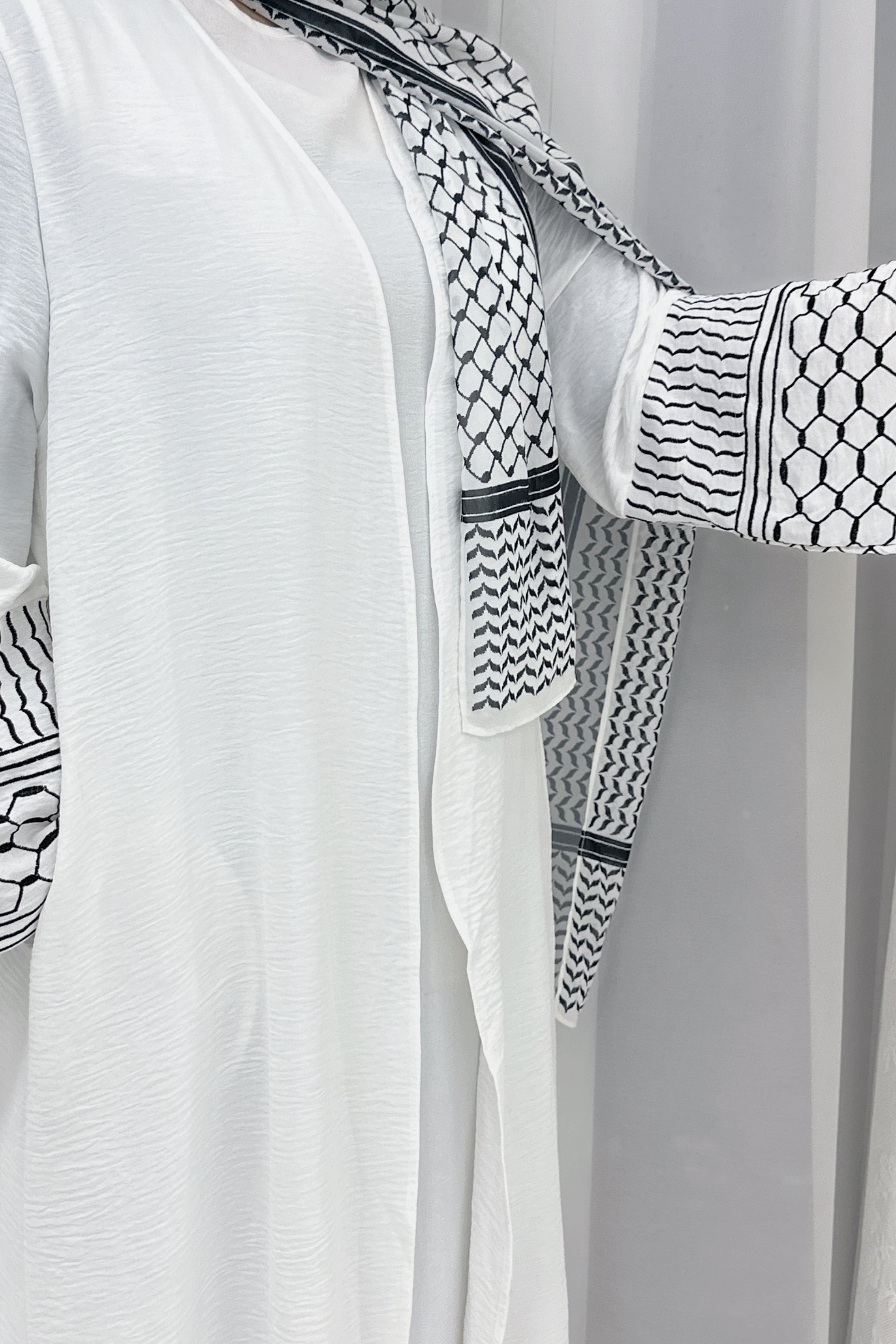 Danya Keffiyeh Inspired Peace Dove Pattern Embroidery Modest Open Abaya 768 - Black - Meliza