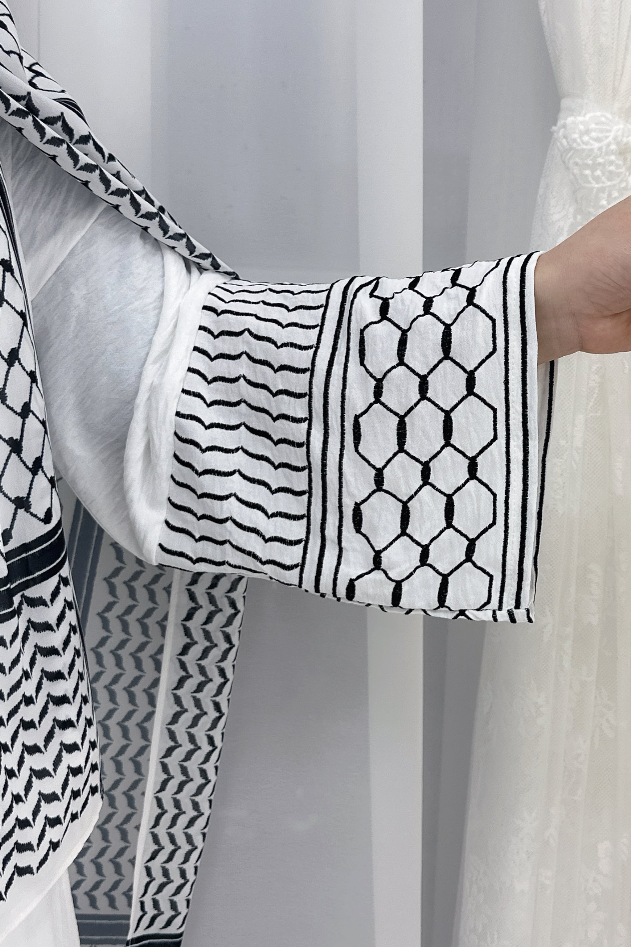 Danya Keffiyeh Inspired Peace Dove Pattern Embroidery Modest Open Abaya 768 - Black - Meliza