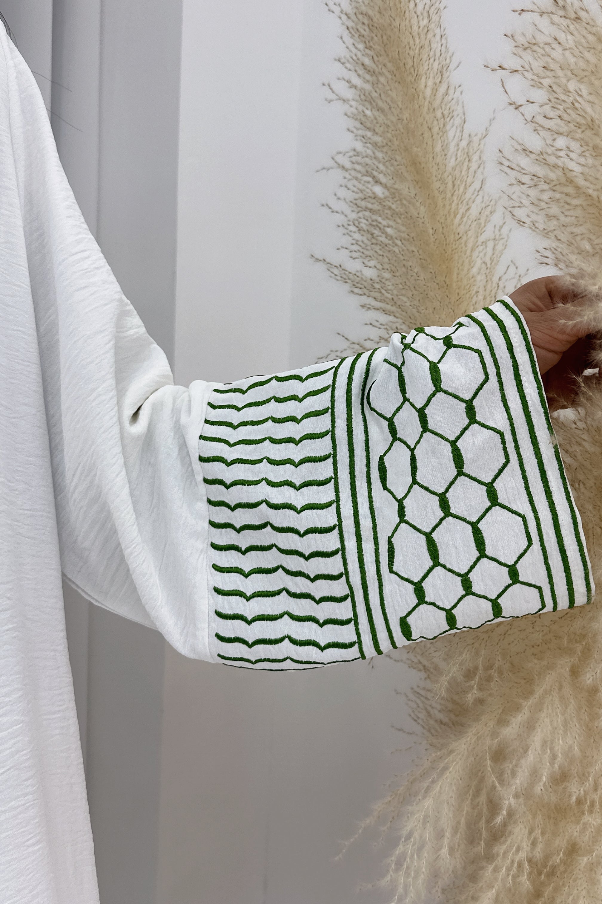 Danya Keffiyeh Inspired Peace Dove Pattern Embroidery Modest Open Abaya 768 - Green - Meliza