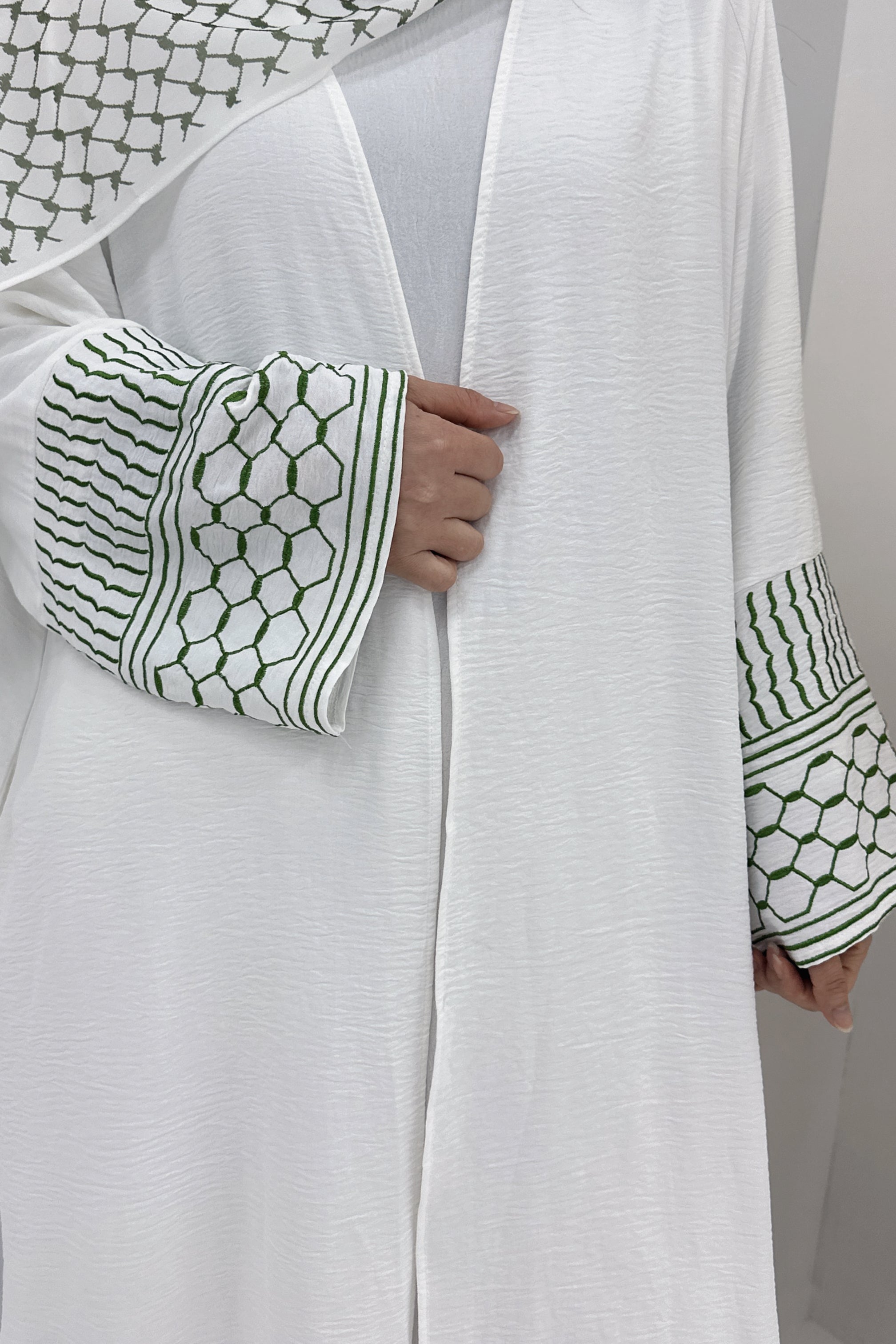 Danya Keffiyeh Inspired Peace Dove Pattern Embroidery Modest Open Abaya 768 - Green - Meliza