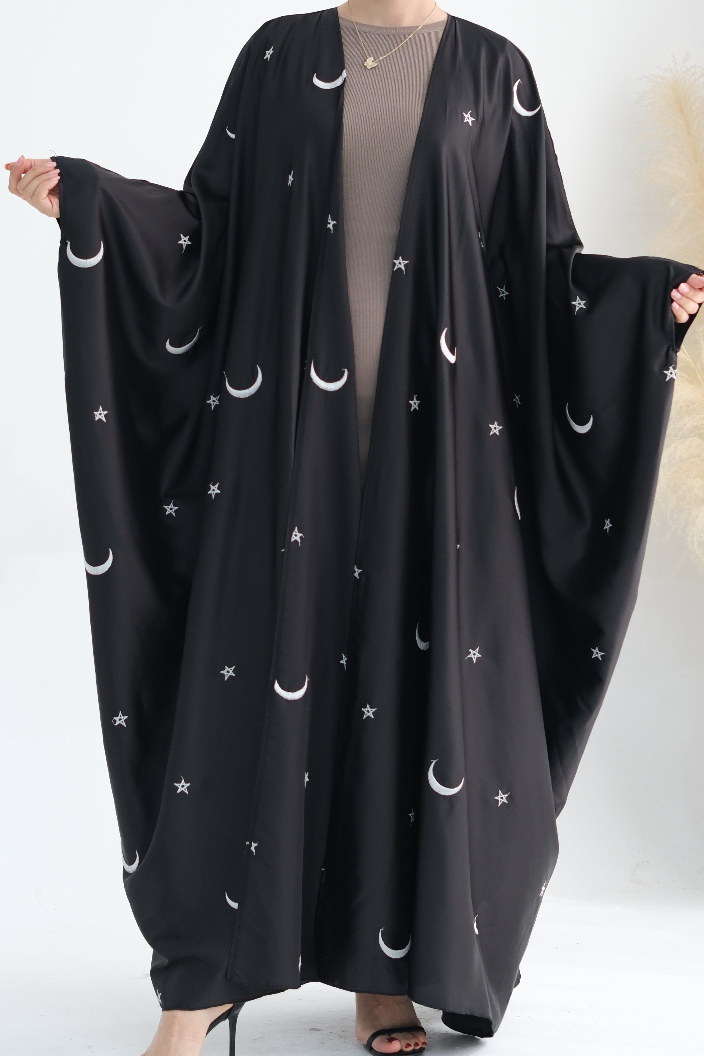 Lyra Moon Star Oversize Satin Open Abaya 727 - Black - Meliza