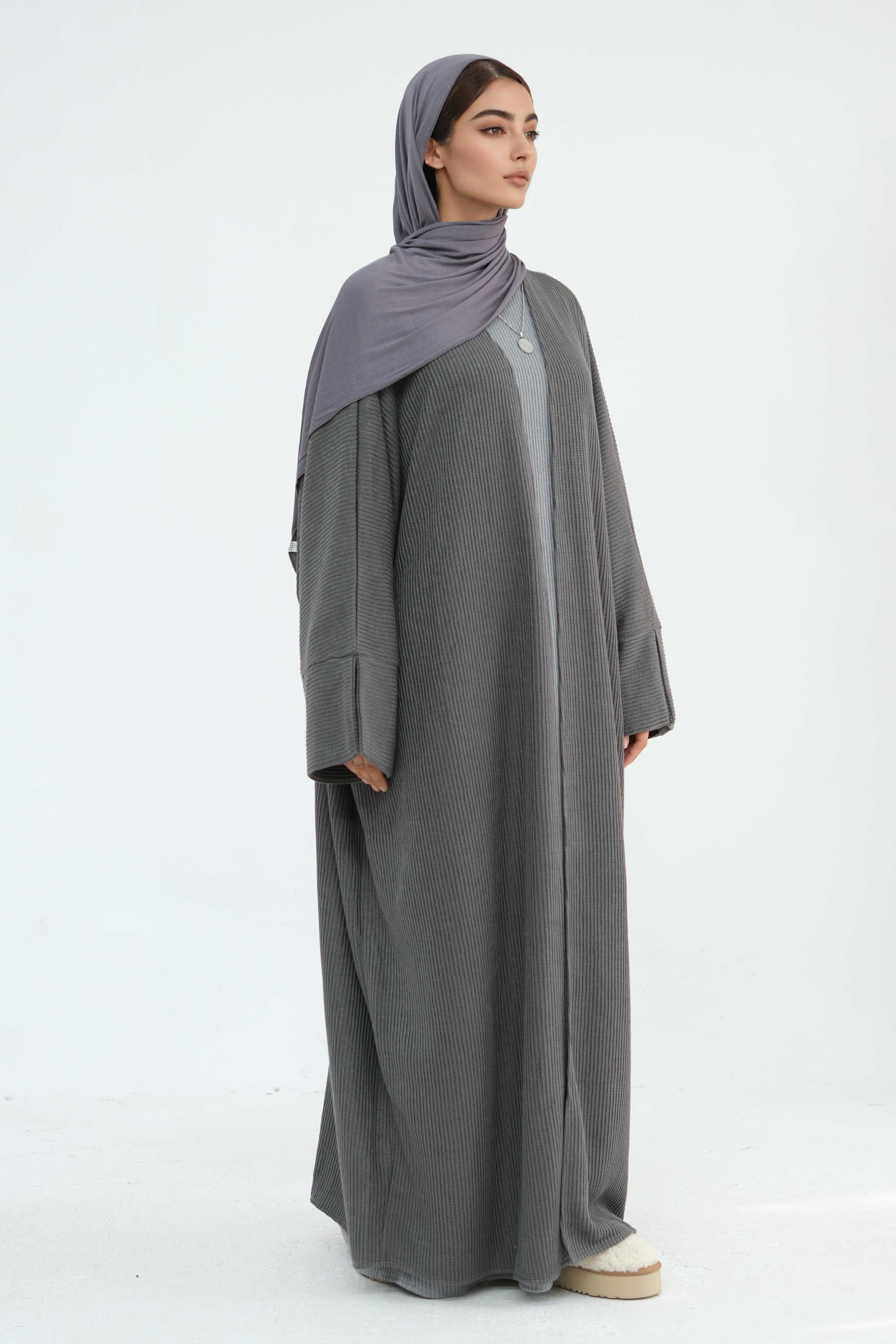 Ayesha Thick Knit Open Abaya 911 - Dark Grey