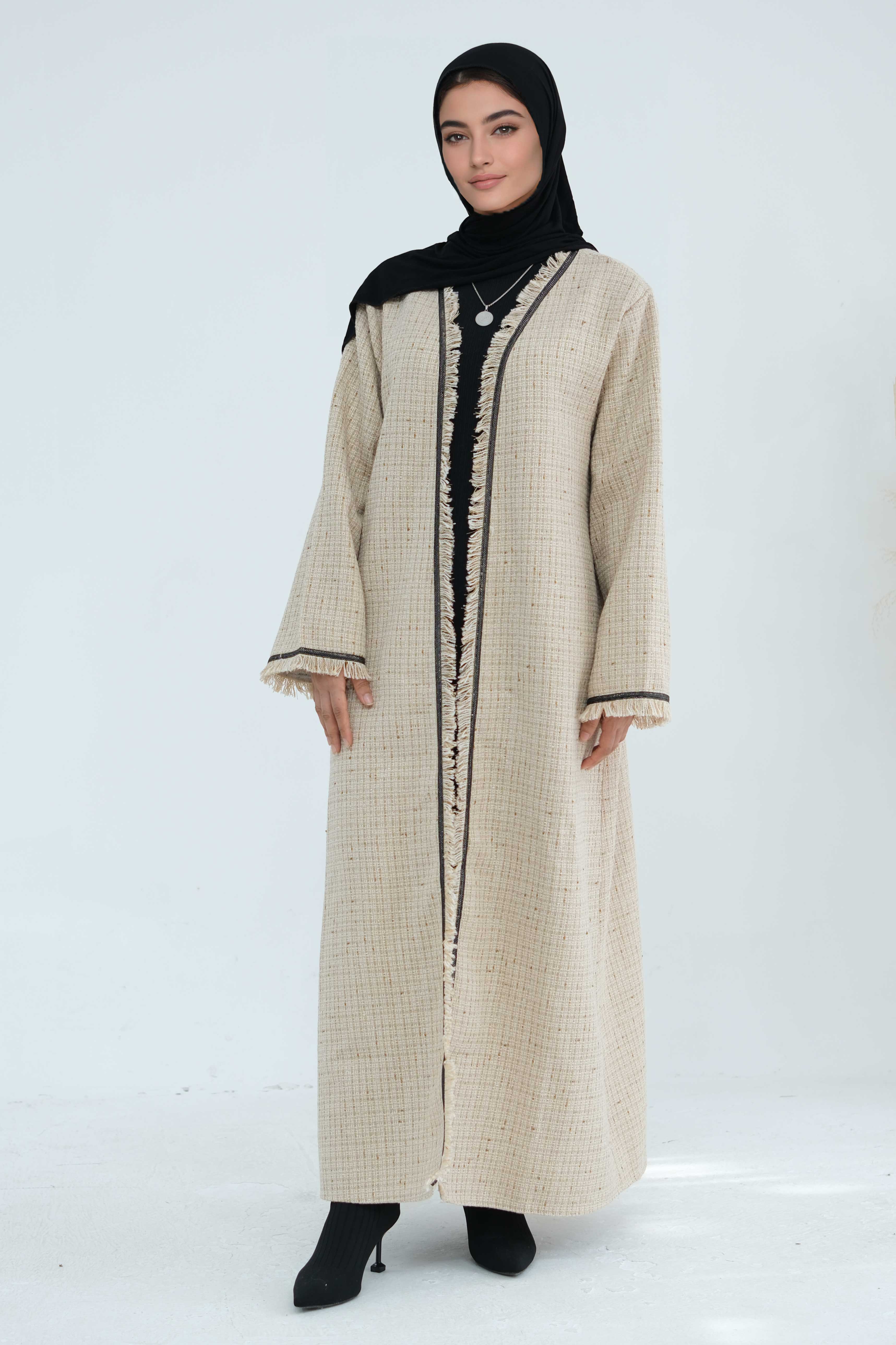 Lina Chanel Tweed Open Abaya 908 - Khaki