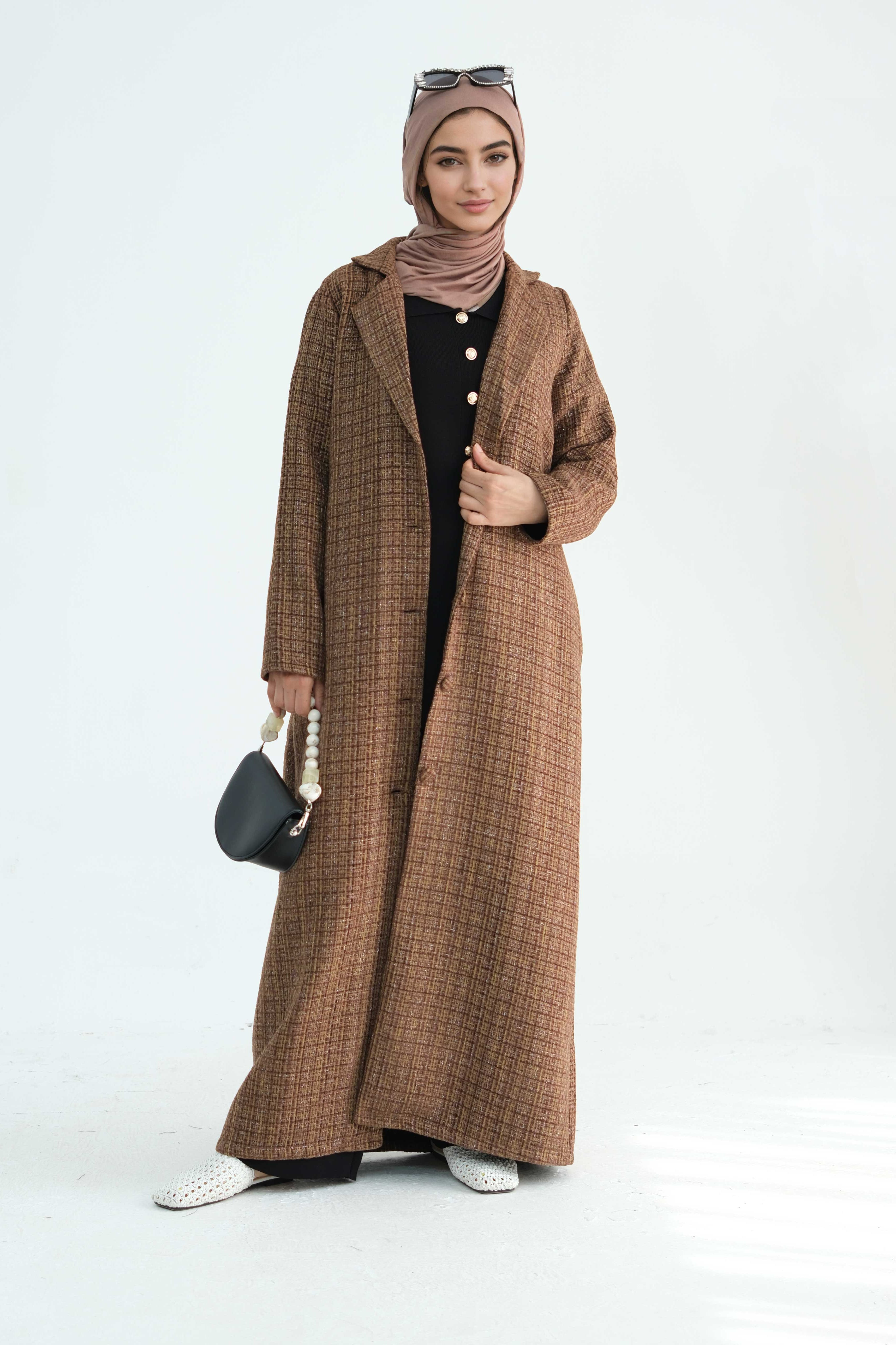 Asalah Chanel-Style Open Abaya Coat 914 - Coffee