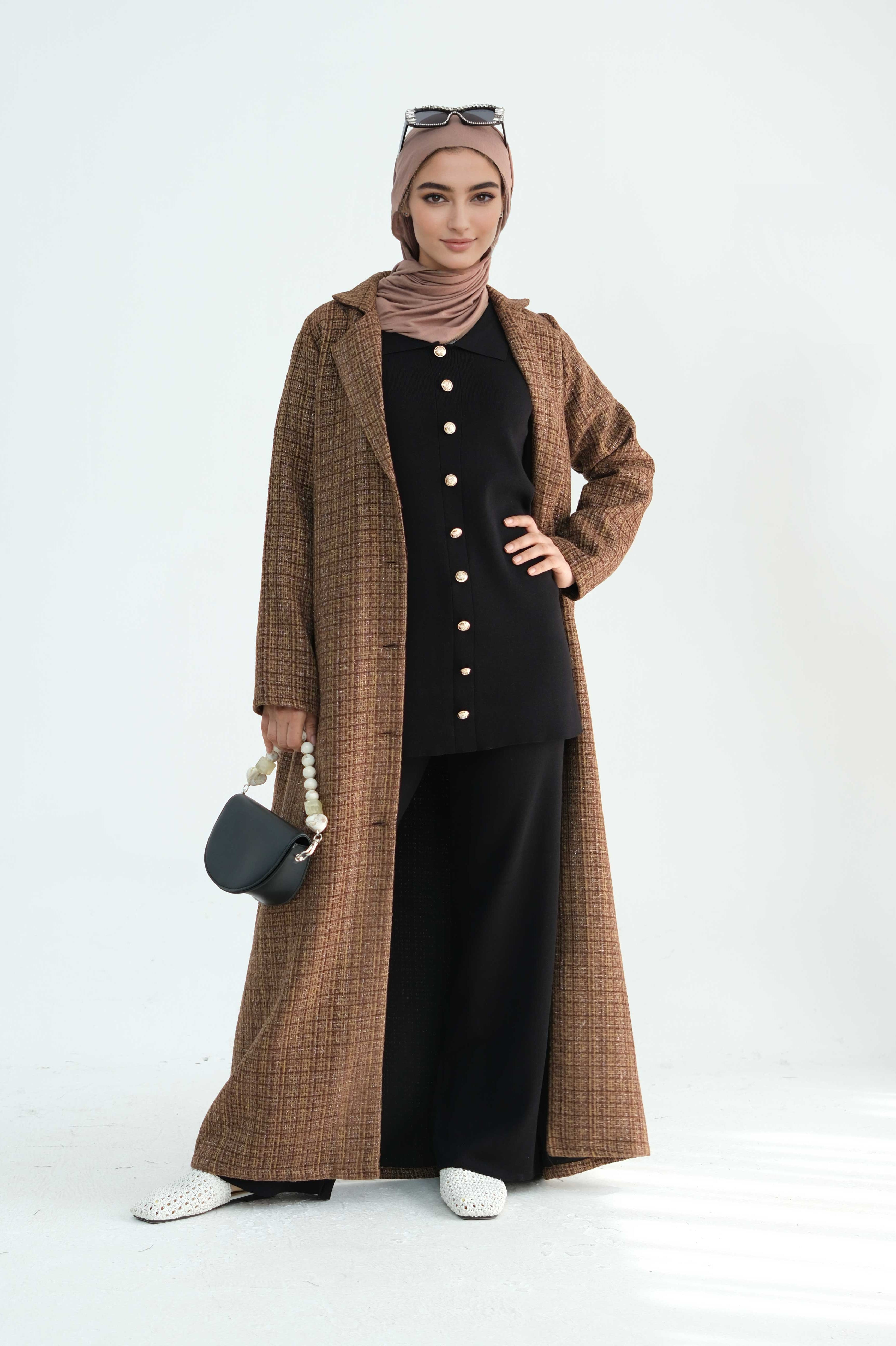 Asalah Chanel-Style Open Abaya Coat 914 - Coffee