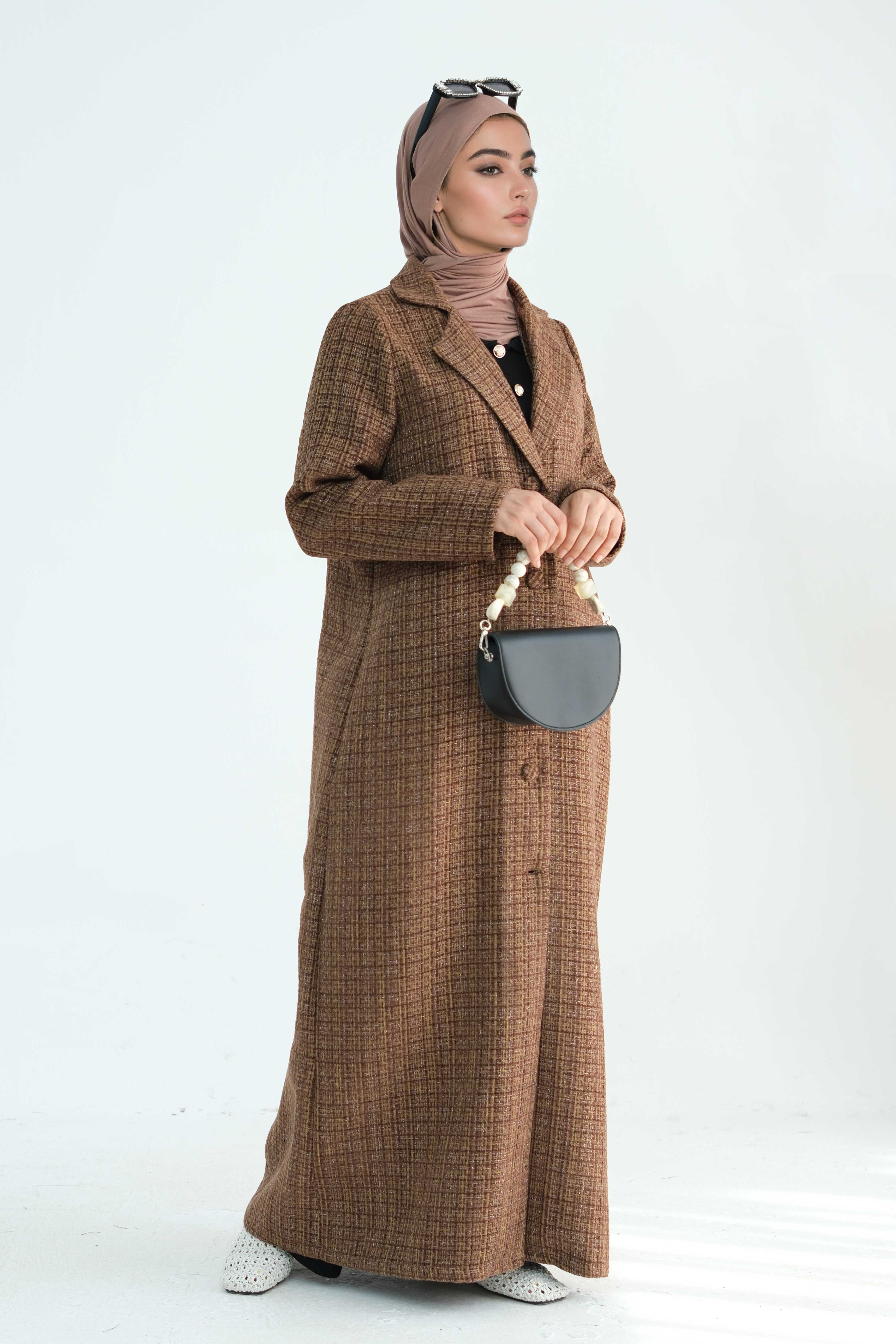 Asalah Chanel-Style Open Abaya Coat 914 - Coffee