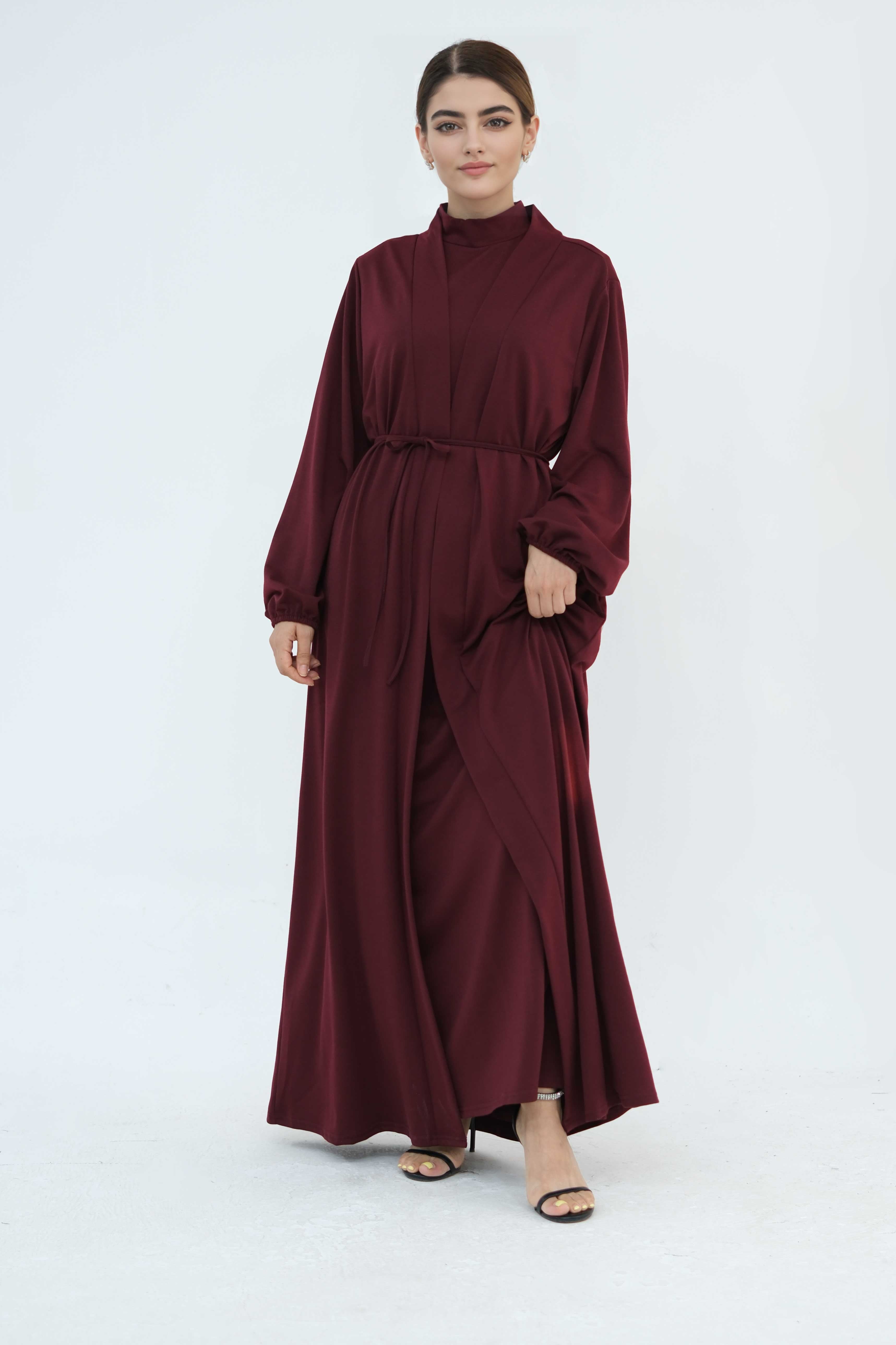 burgundy hijab dress Yumna High Neck Two-Piece Abaya Set 886-Maroon