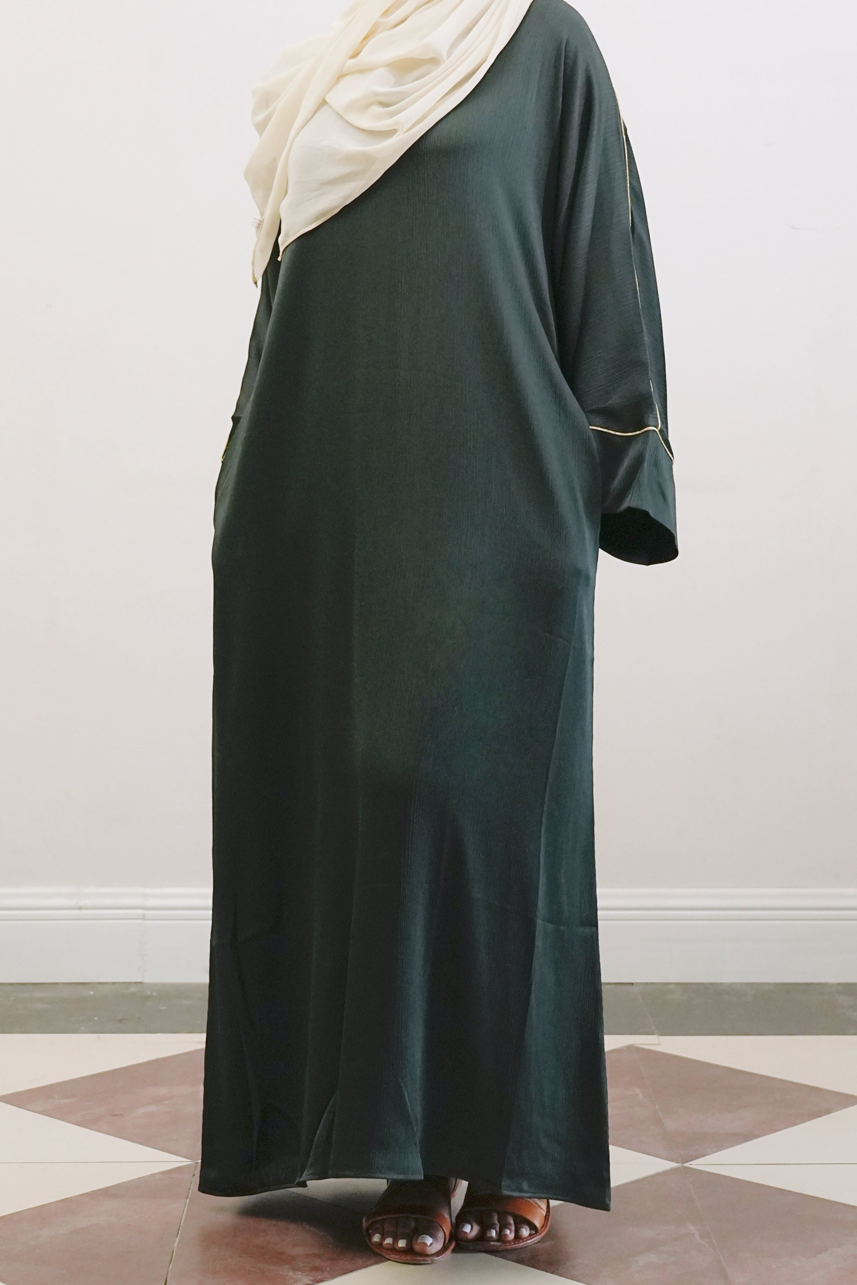 Inaya Trimmed Maxi Dress Abaya 937- Dark Green