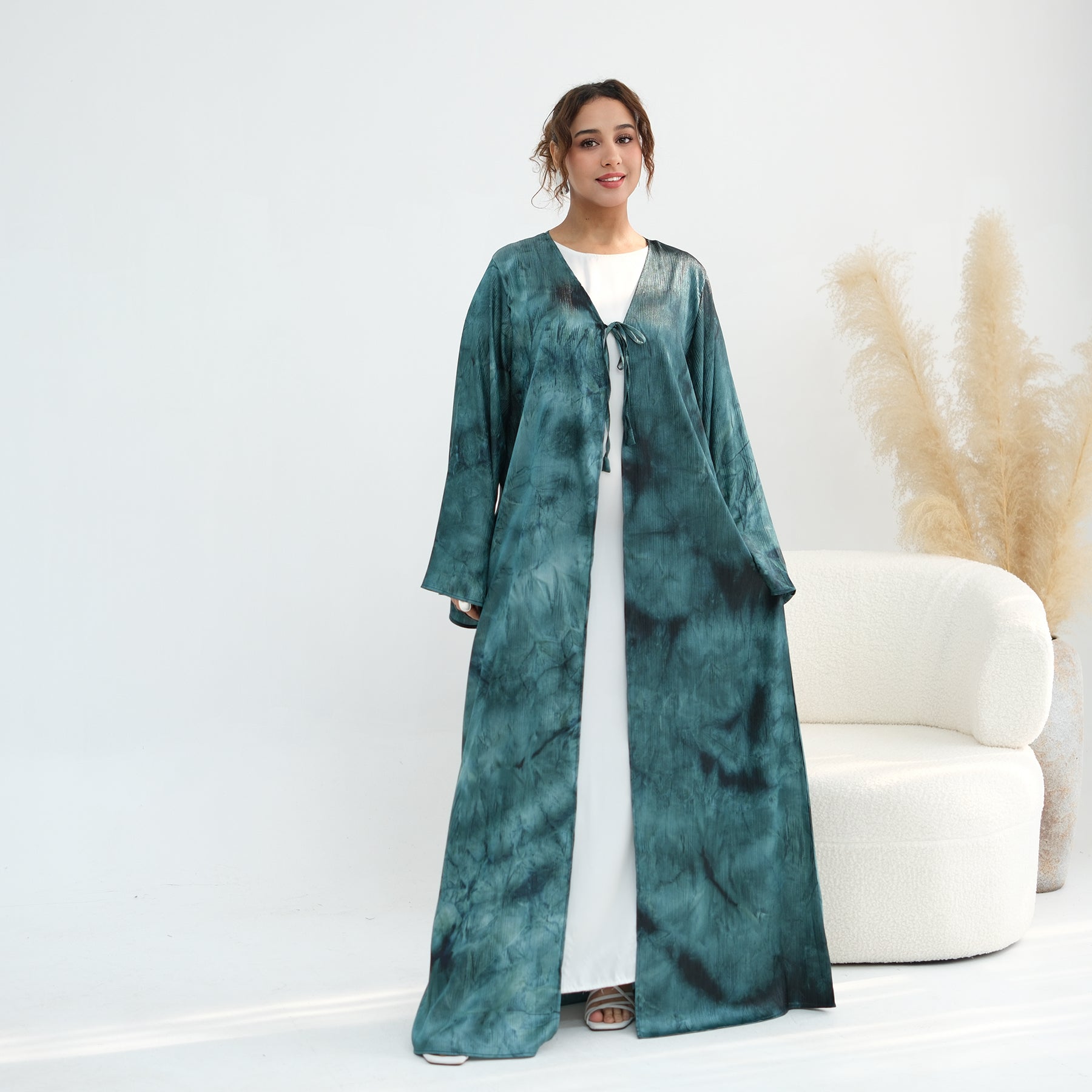 Tie-dye pleated floral lace-up cardigan LR1121