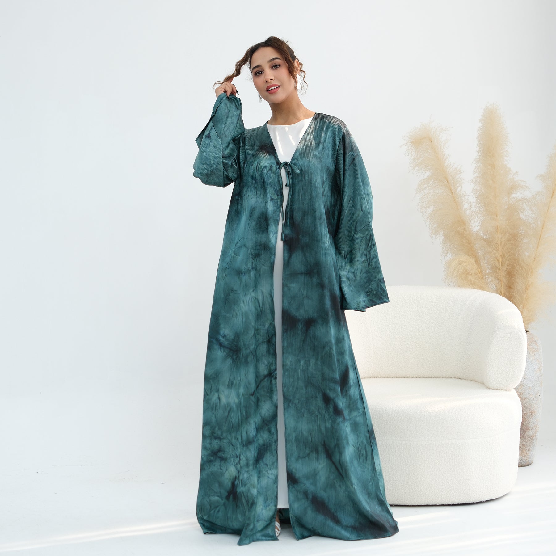 Tie-dye pleated floral lace-up cardigan LR1121