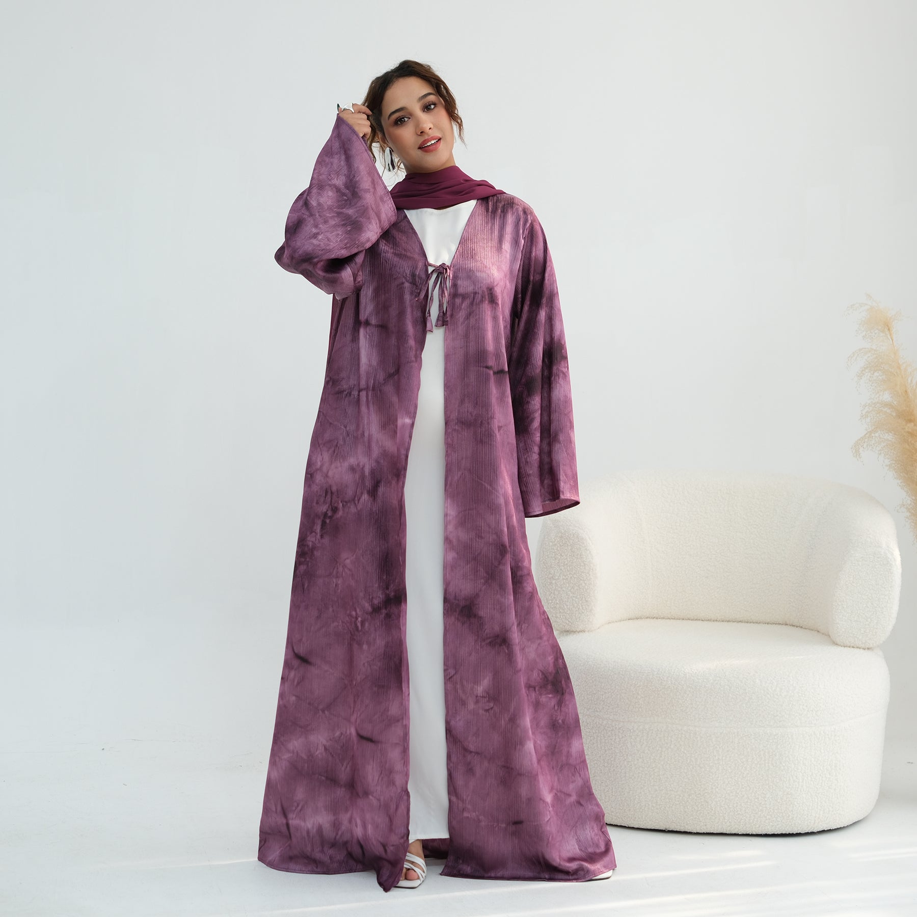 Tie-dye pleated floral lace-up cardigan LR1121