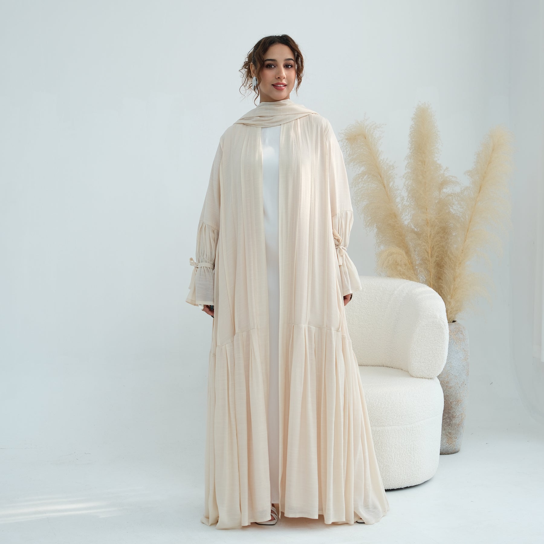 Loriya pleated cardigan with lining + scarf two-piece set LR1139, elegant and commuting style