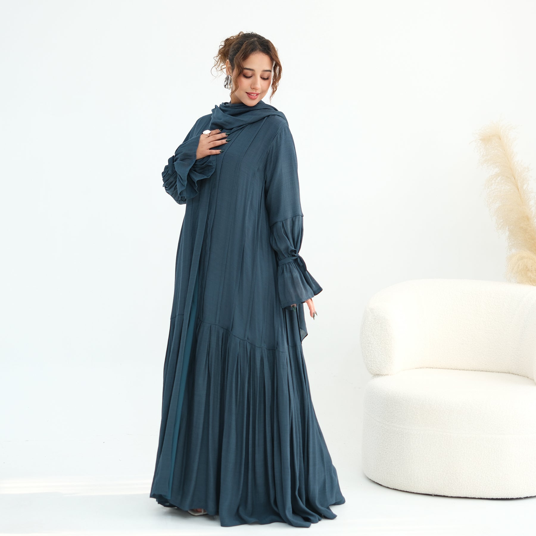 Loriya pleated cardigan with lining + scarf two-piece set LR1139, elegant and commuting style